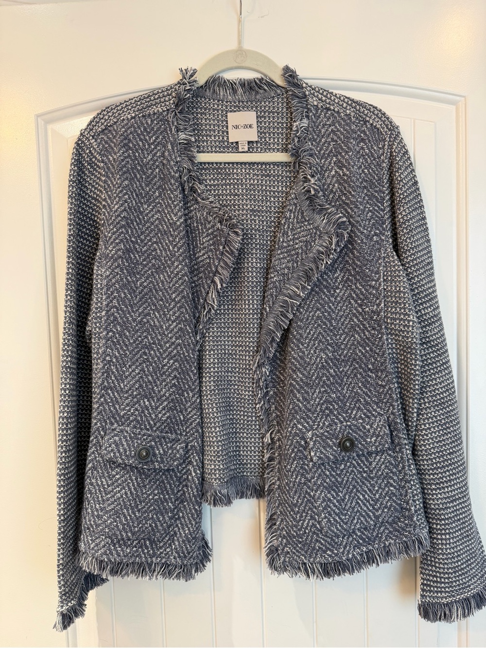 NIC+ZOE Blue and White Fringe Open-Front Knit Cardigan